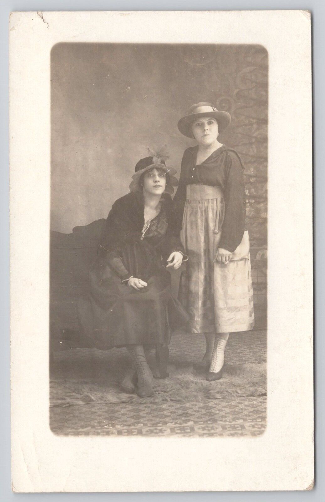 Young Ladies with Fancy Hats Long Dresses Laced Boots c1904-1918 RPPC Postcard