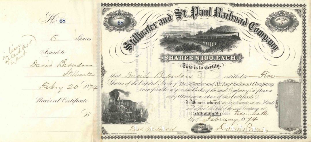 Stillwater and St. Paul Railroad Co. - Minnesota Railway Stock Certificate - Bra