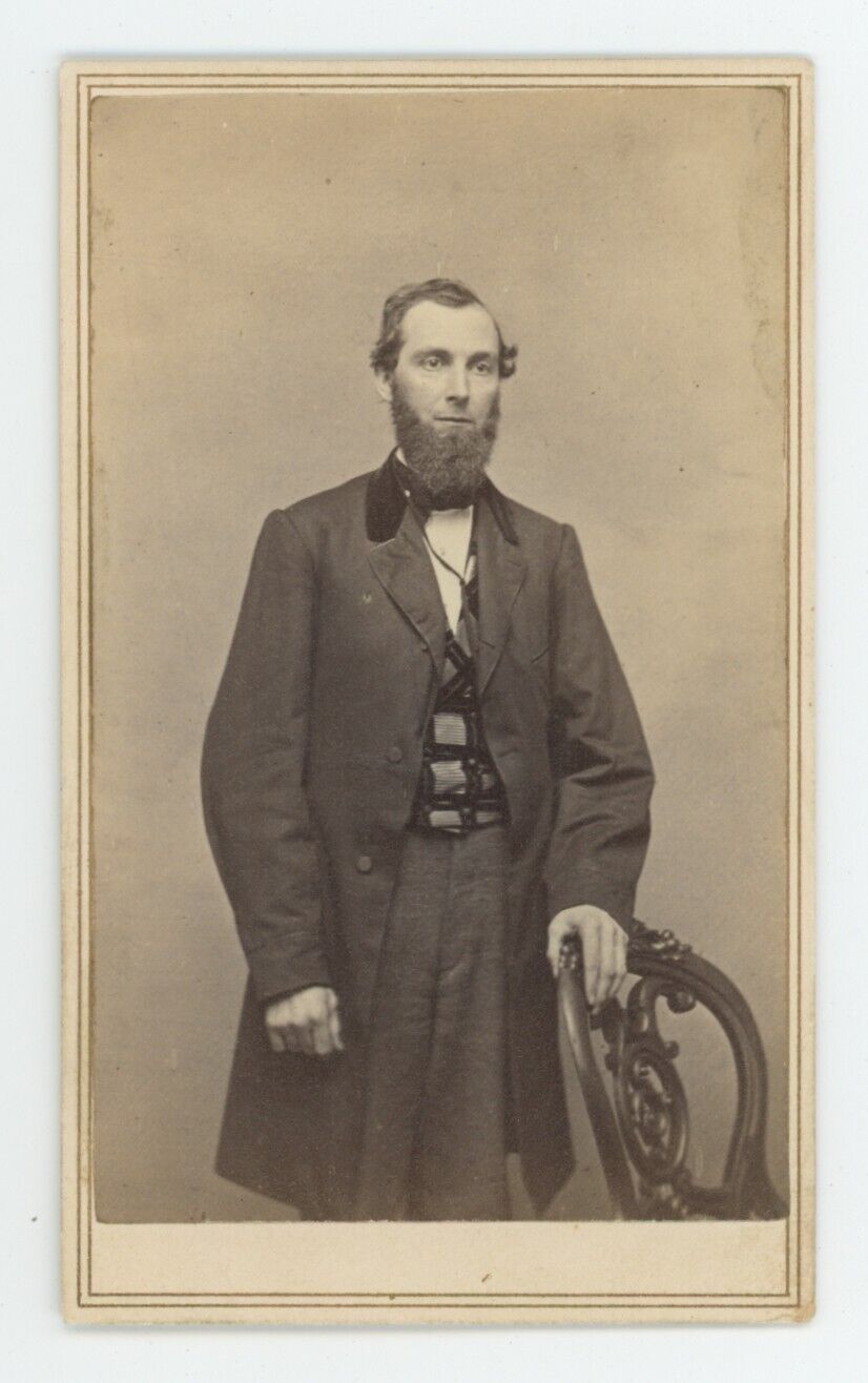 Antique CDV Circa 1860s Handsome Stoic Man With Shenandoah Beard Springfield, MA