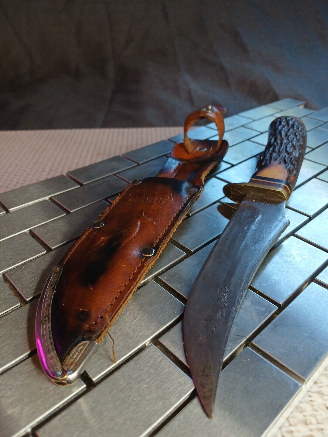 Vintage Schrade USA 498 Fixed 5” Blade Knife with leather Edge Mark Sheath