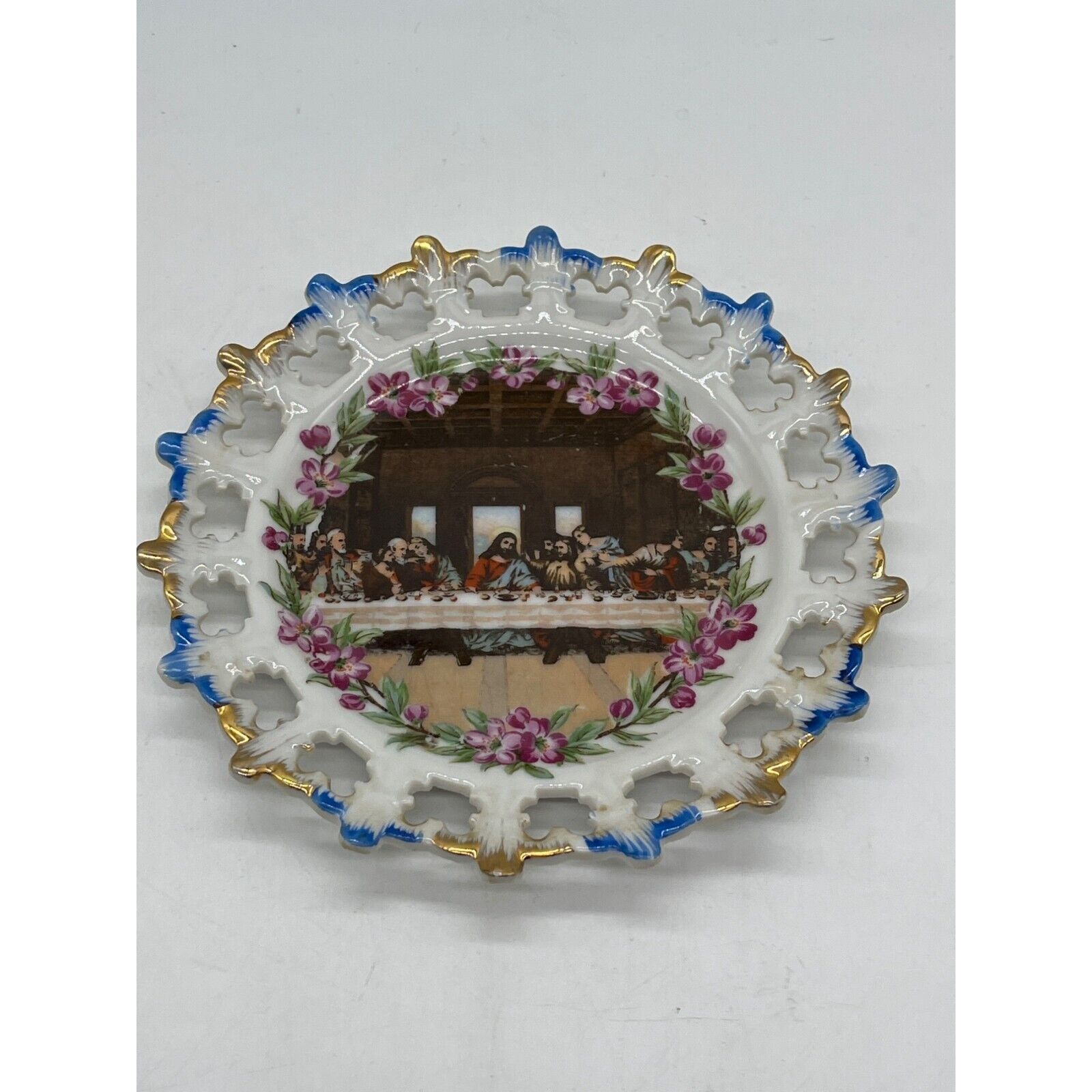 Vintage Last Supper Decorative Plate Blue Gold 7 in