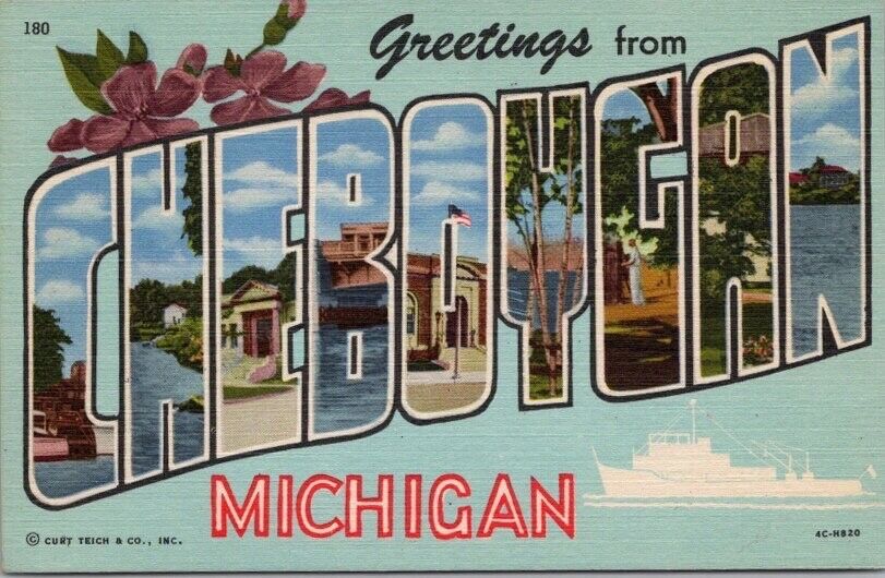 CHEBOYGAN, Michigan Large Letter Postcard Curteich Linen c1954 / Unused