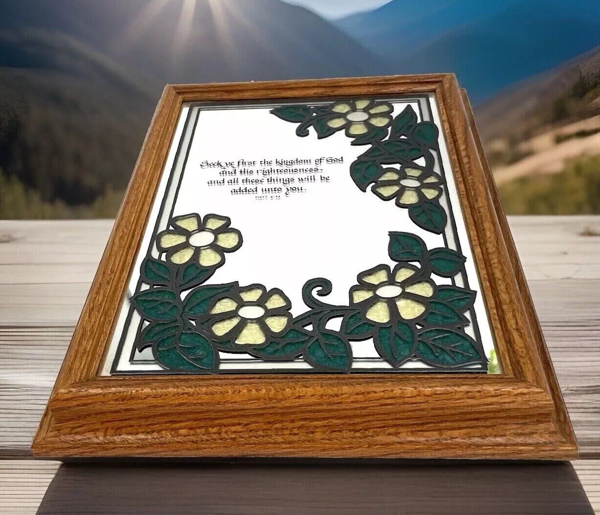 Painted Floral Mirror W/ Wood Frame and has Matthew 6:33 verse Size 11x14\