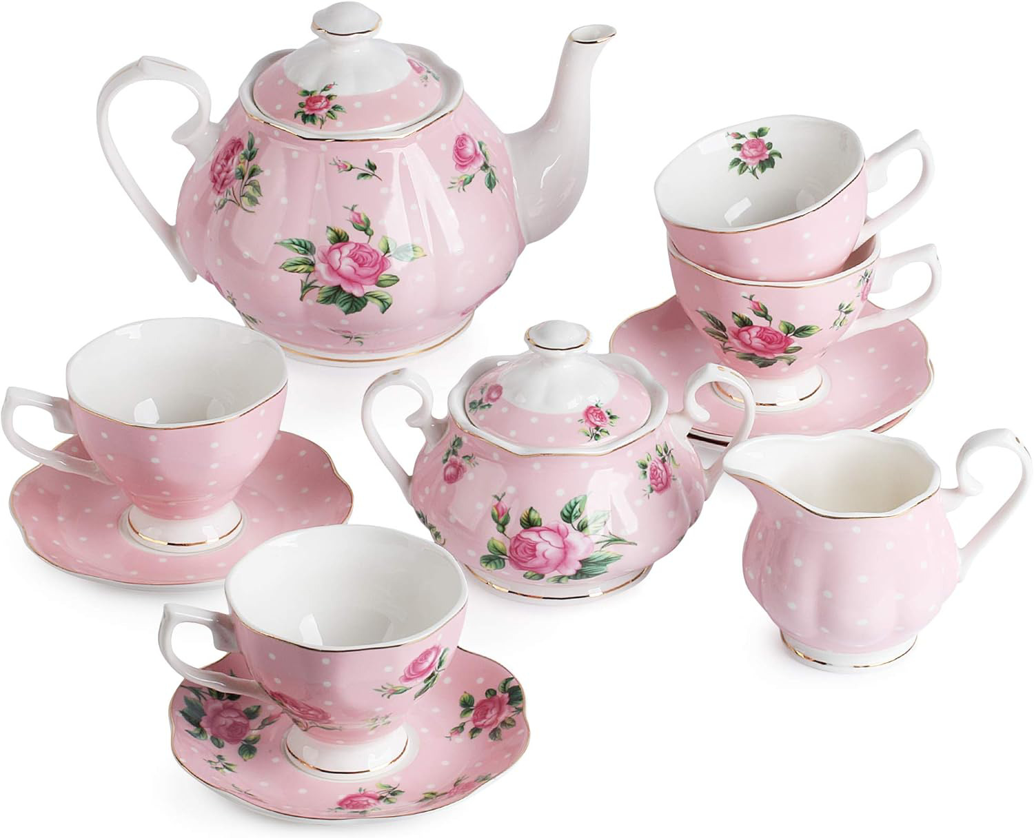 BTaT- Floral Tea Set, Tea cups 8oz, Tea Pot 38oz, Creamer and Sugar Set, Gift