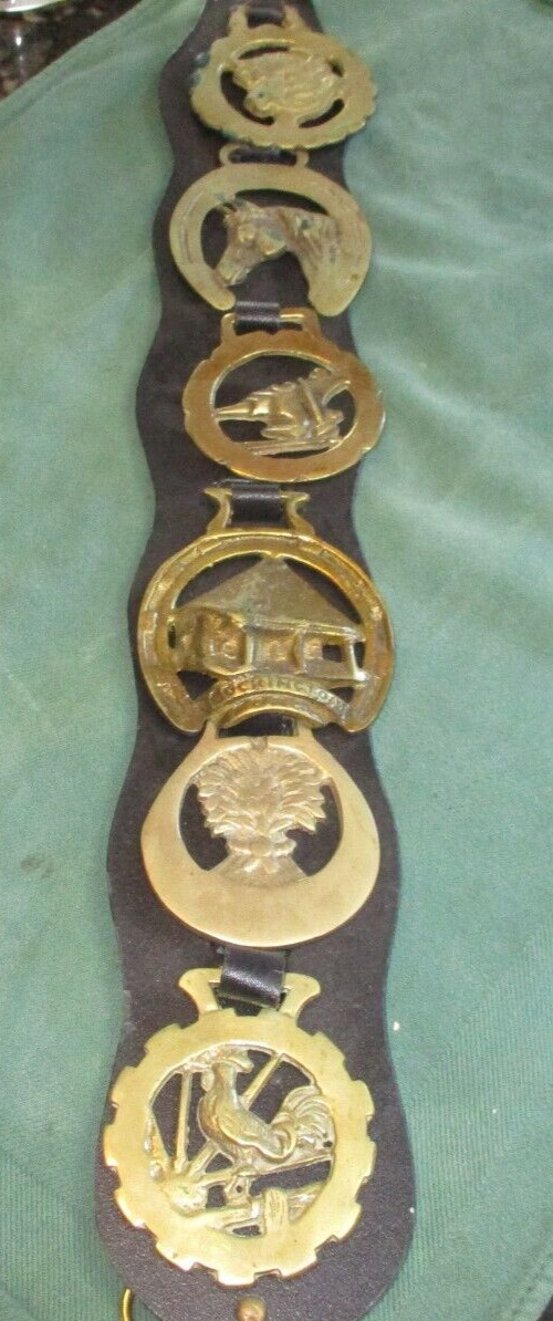Six Vintage Horse Brass Medallions on  leather strap