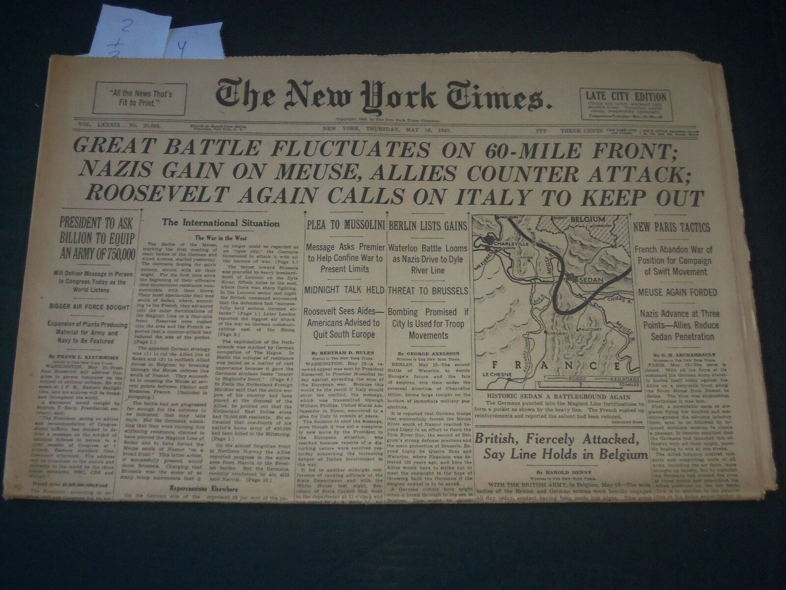1940 MAY 16 NEW YORK TIMES - GREAT BATTLE FLUCTUATES ON 60 MILE FRONT - NP 3609