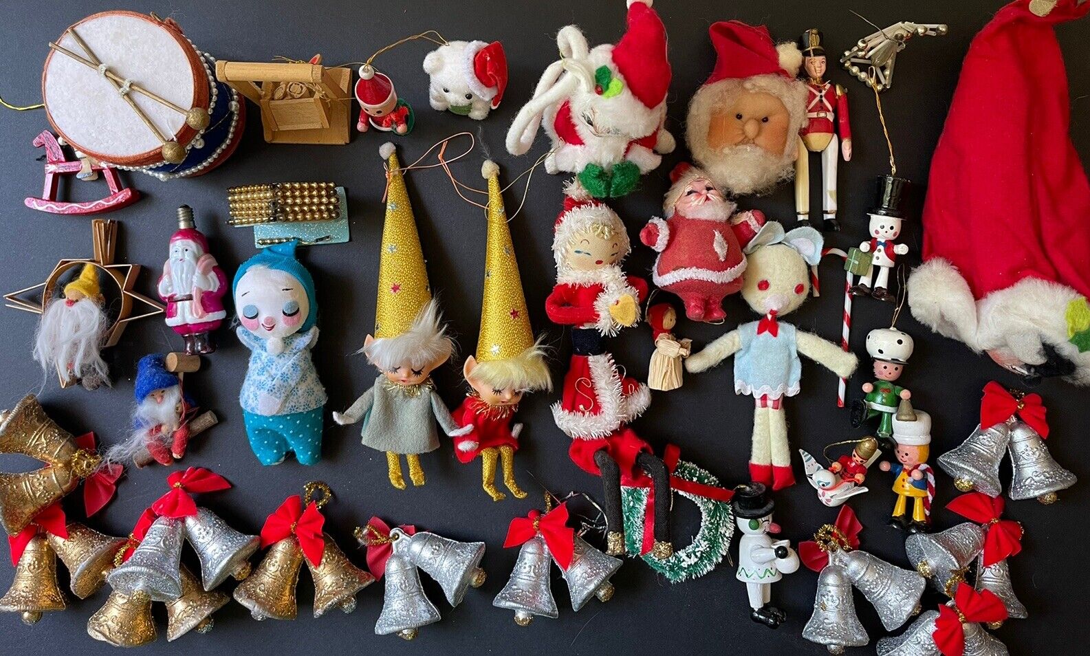 Vtg Christmas Lot Of 40 Pcs Pixie Elf’s Satin Japan Flocked Santa Putz Annalee