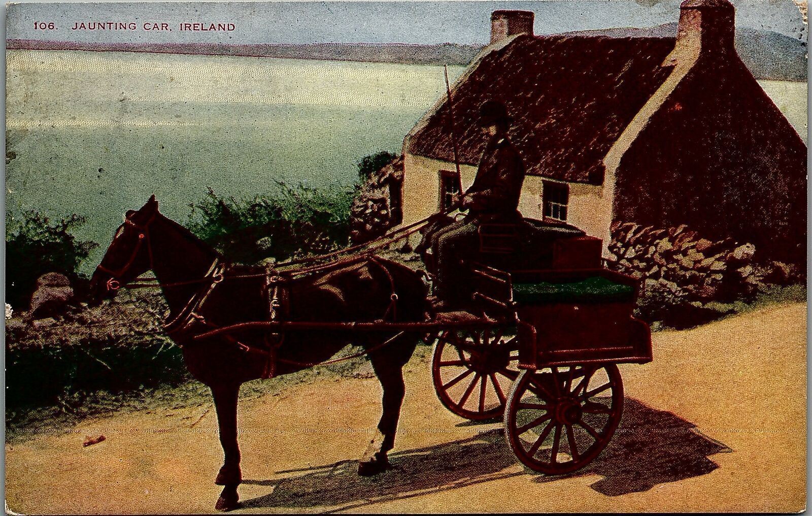 c1910 IRELAND JAUNTING CAR HORSE CART LAKESIDE COTTAGE UNPOSTED POSTCARD 34-297