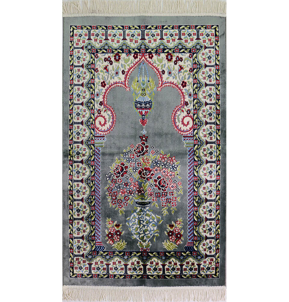 Luxury Turkish Islamic Velvet Kilim Prayer Rug Janamaz Sajada - Floral Grey
