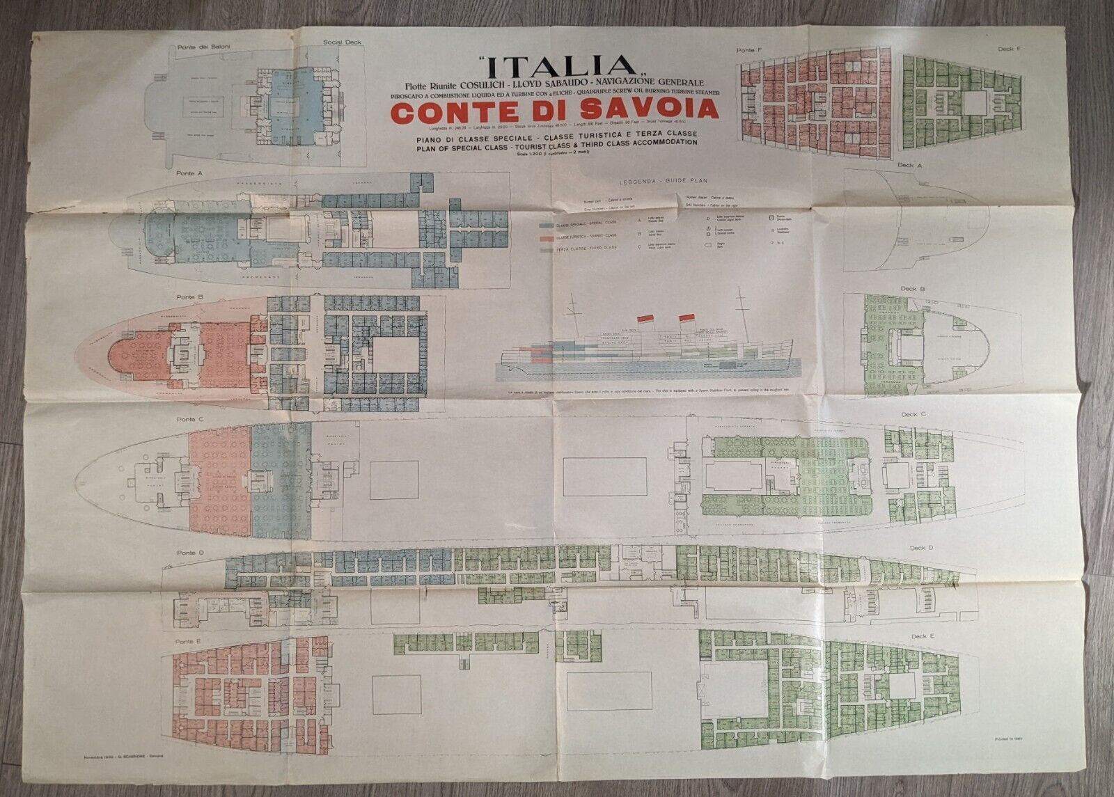 Italian Line - SS CONTE DI SAVOIA Special, Tourist, Third Class Tissue Deck Plan