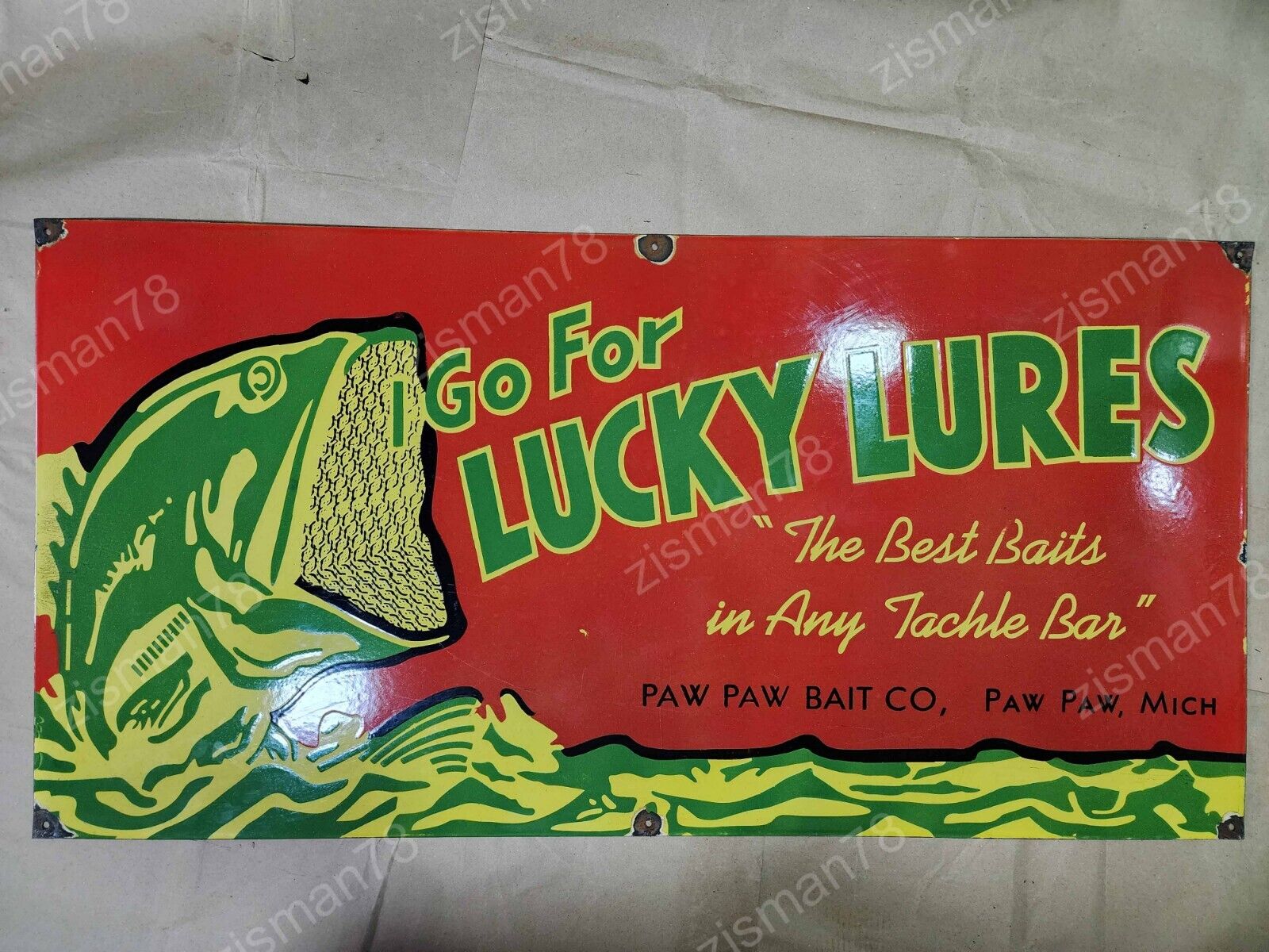 LUCKY LURES PORCELAIN ENAMEL SIGN 48 X 24 INCHES