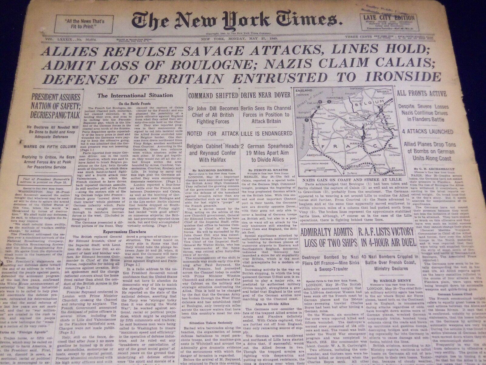 1940 MAY 27 NEW YORK TIMES - BOULOGNE LOST, NAZIS CLAIM CALAIS - NT 2689