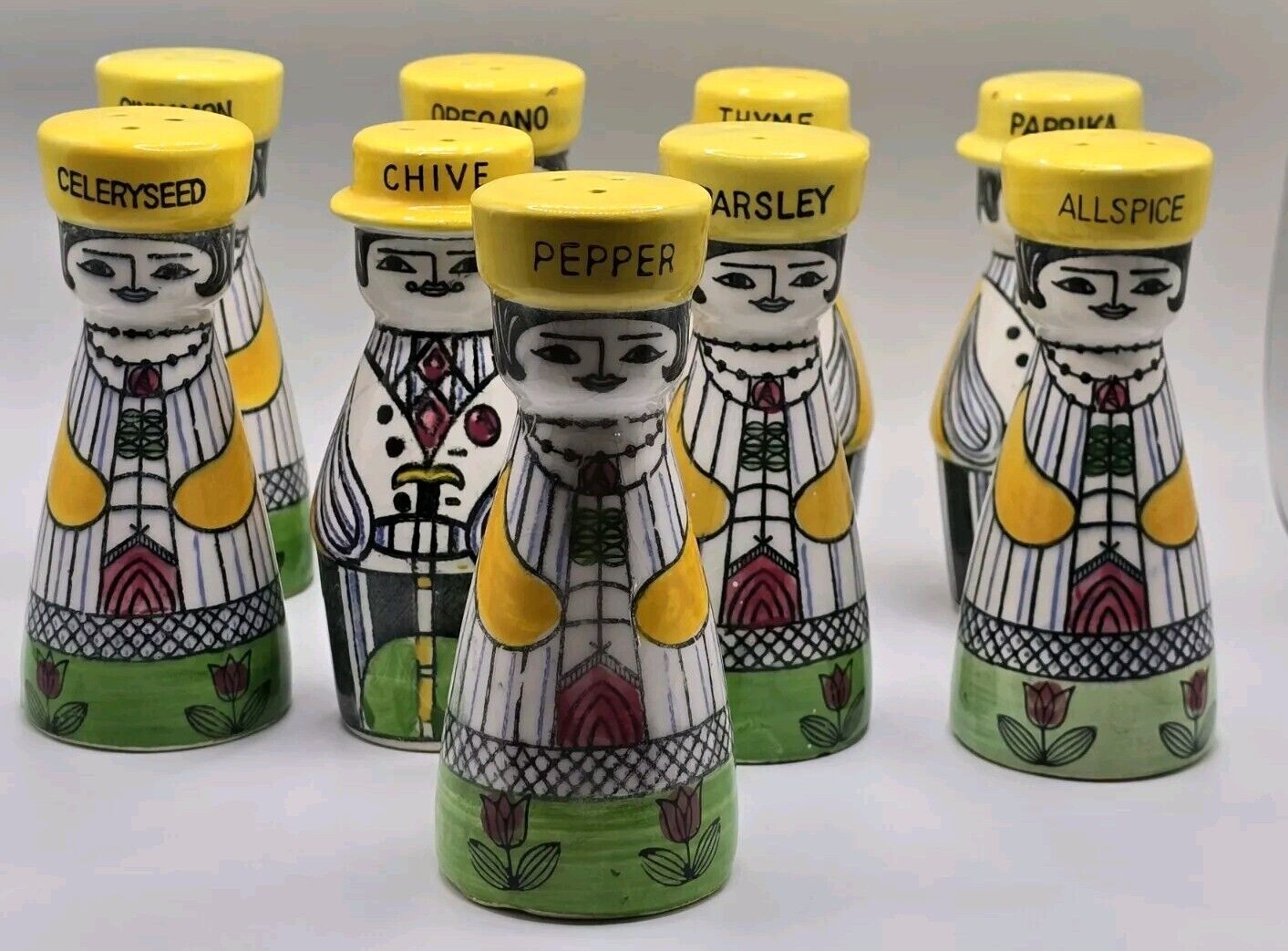 Rare Vintage Spice Shakers In The Style Of Anita Nylund Set 9 Anthropomorphic 