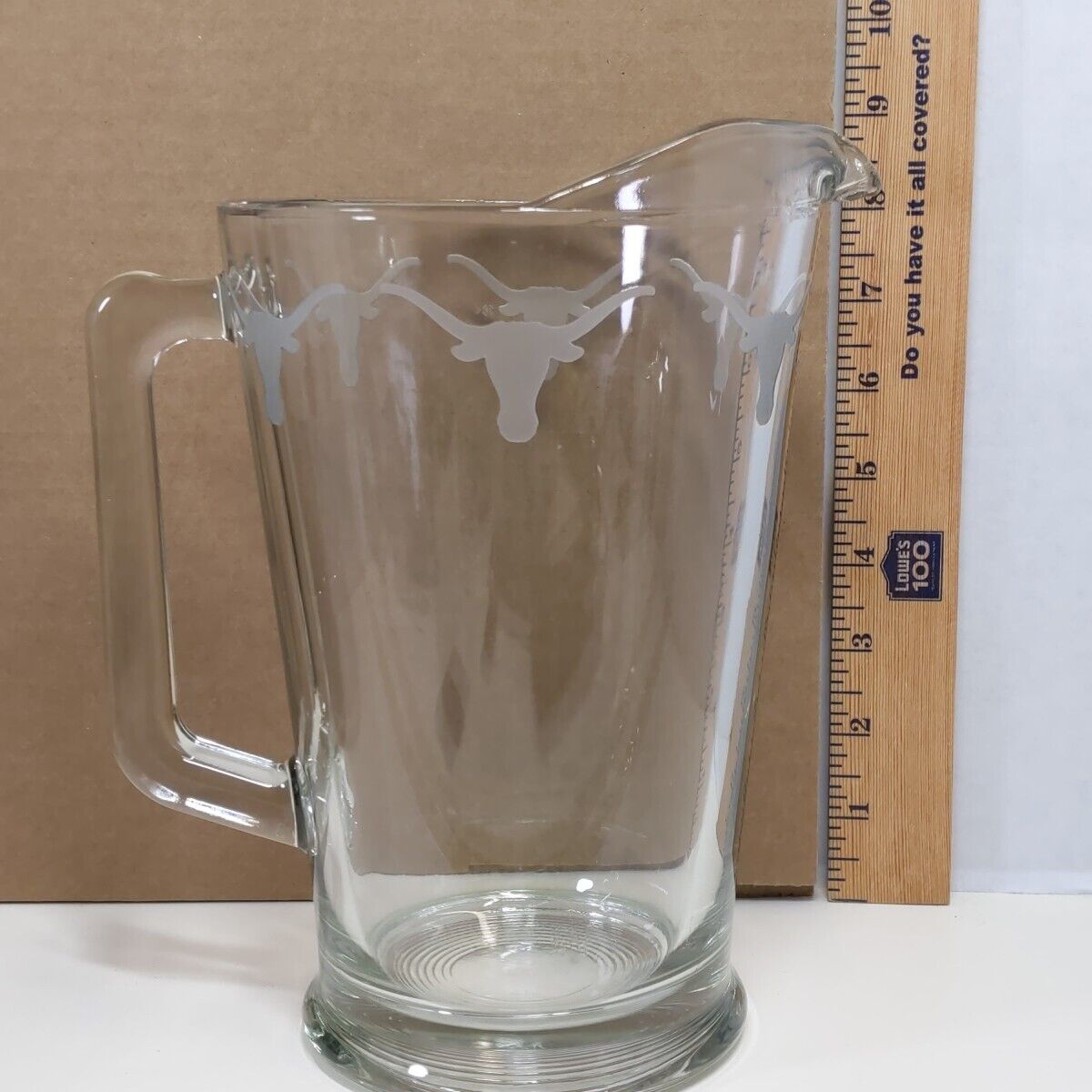 Vintage Texas Longhorns Glass Pitcher Etched Clear Glass Beer Barware USA 