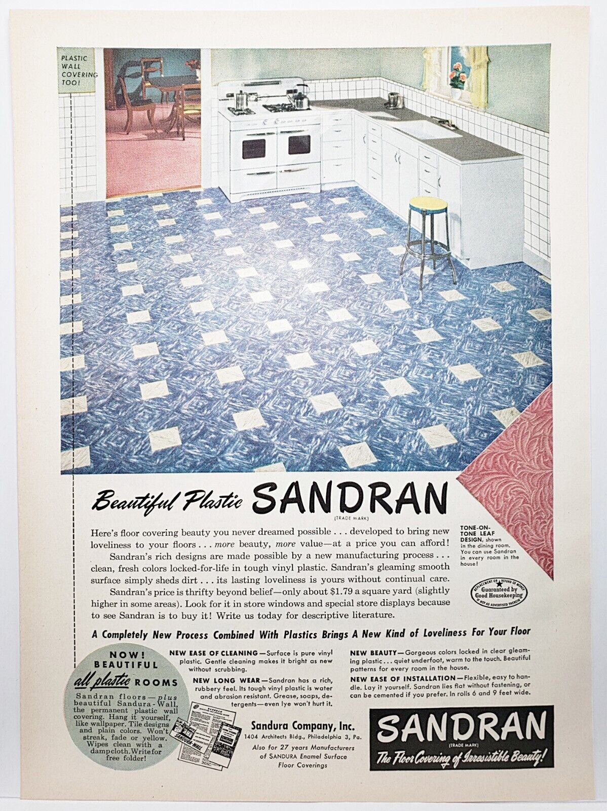 Vintage Print Ad 1950 Beautiful Sandran Sandura Enamel Surface Floor Coverings 