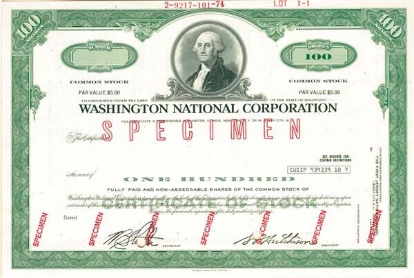 Washington National Corporation - Stock Certificate - Washington & Lincoln on St