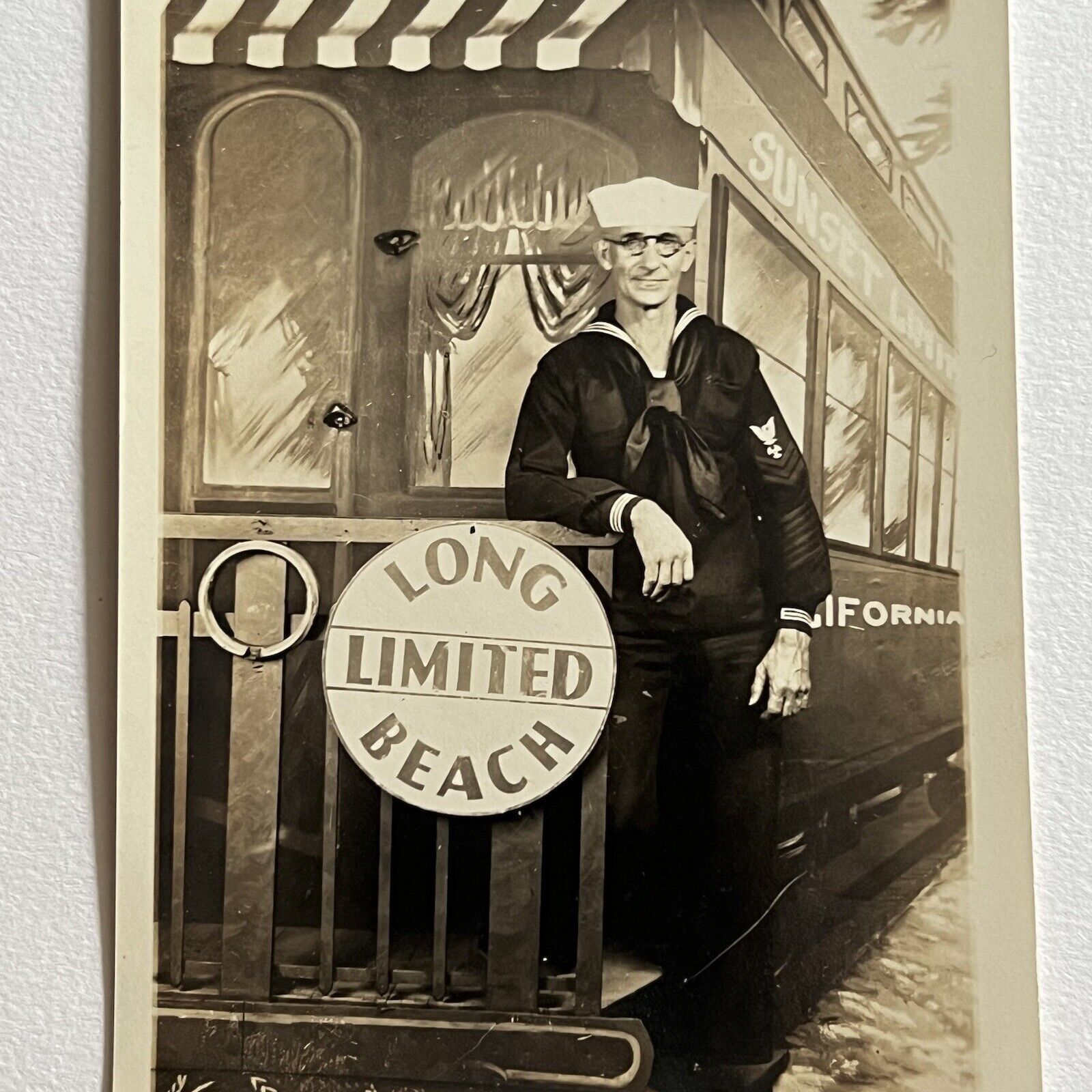 Antique RPPC Real Photograph Postcard Young Man Navy Sailor Long Beach CA
