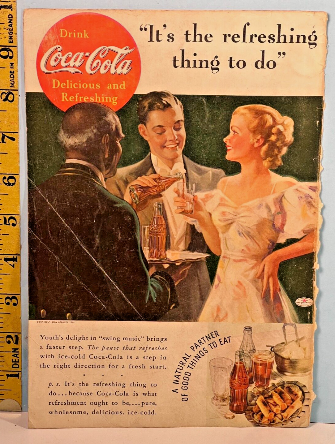 1936 Coca-Cola Young Couple Ordering A Bottle of Coke from Waiter Advertisement