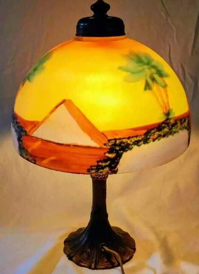 Rare Vintage Reverse Scenic Egyptian Style Painting on Glass Desk Lamp.