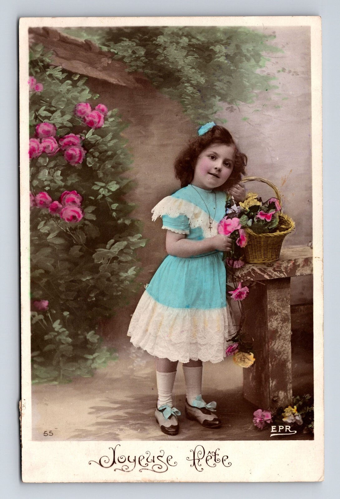 c1908 RPPC Young French Girl Flowers Hand Colored EPR Real Photo Postcard