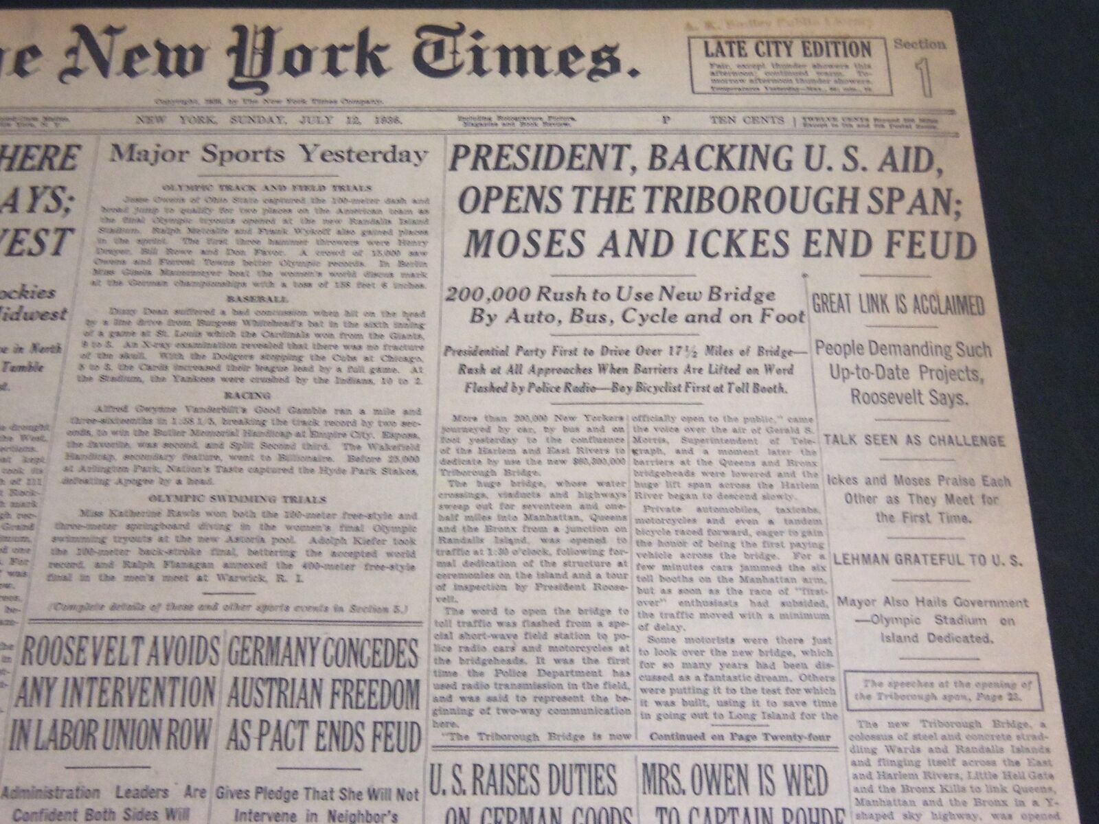 1936 JULY 12 NEW YORK TIMES - PRESIDENT OPENS THE TRIBOROUGH SPAN - NT 7133