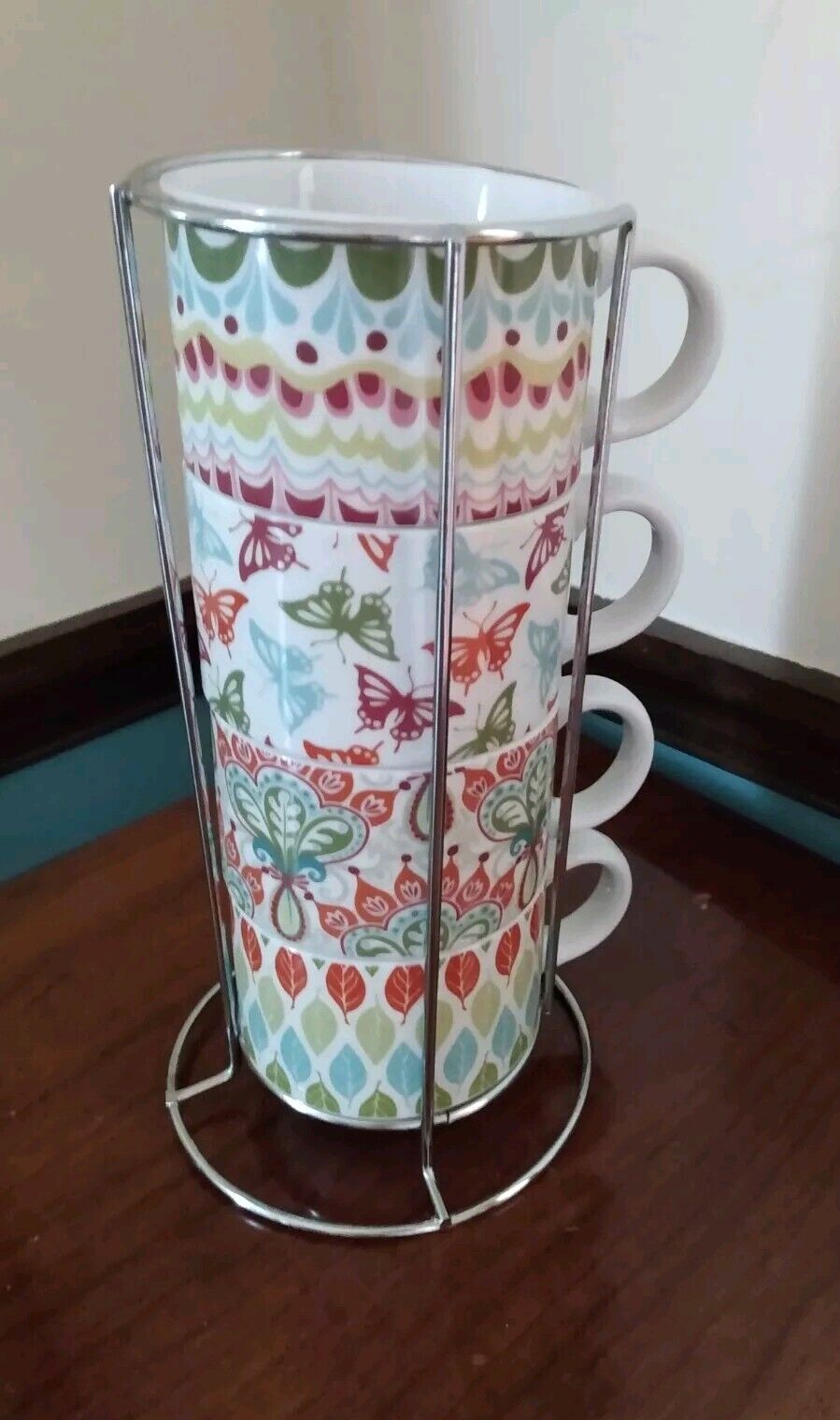 PIER 1 Stoneware Set Of 4  Stackable Coffee Tea Cups Mugs Butterflies Pastels 
