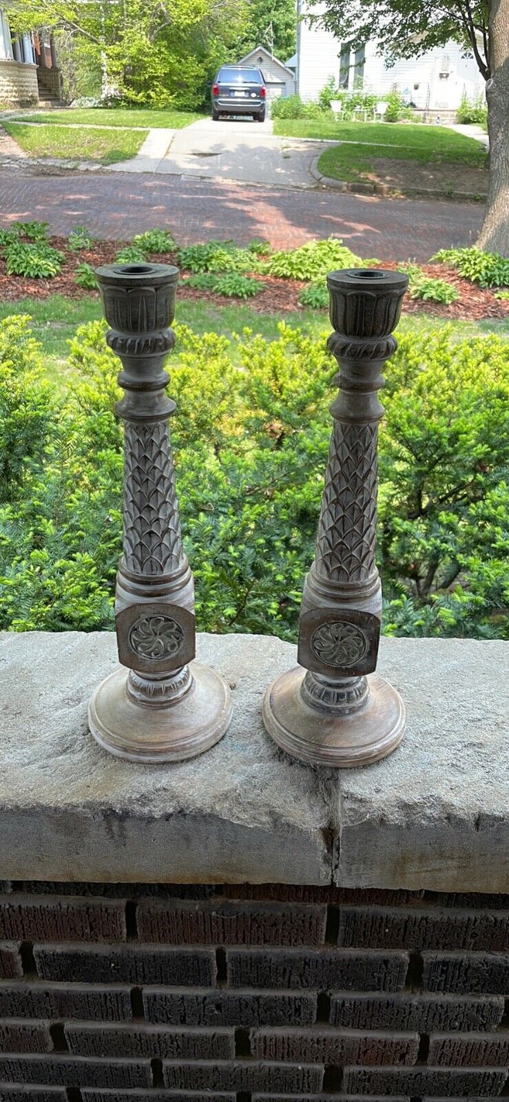Large Pier 1 Carved Wood Candlesticks Pair