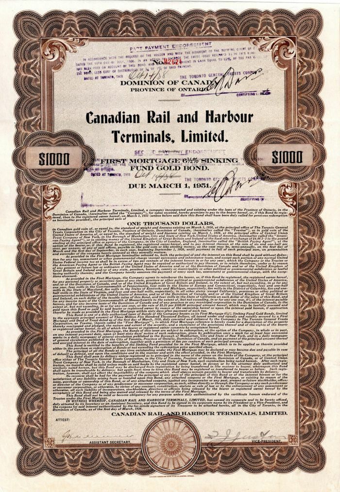 Canadian Rail and Harbour Terminals, Limited - $1,000 Railway Gold Bond - Foreig