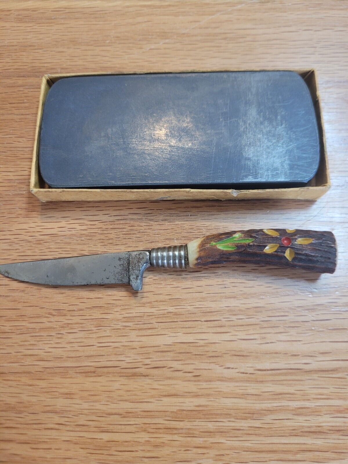  Small Vintage Handmade Fixed Blade Stag Handle Knife w/stone