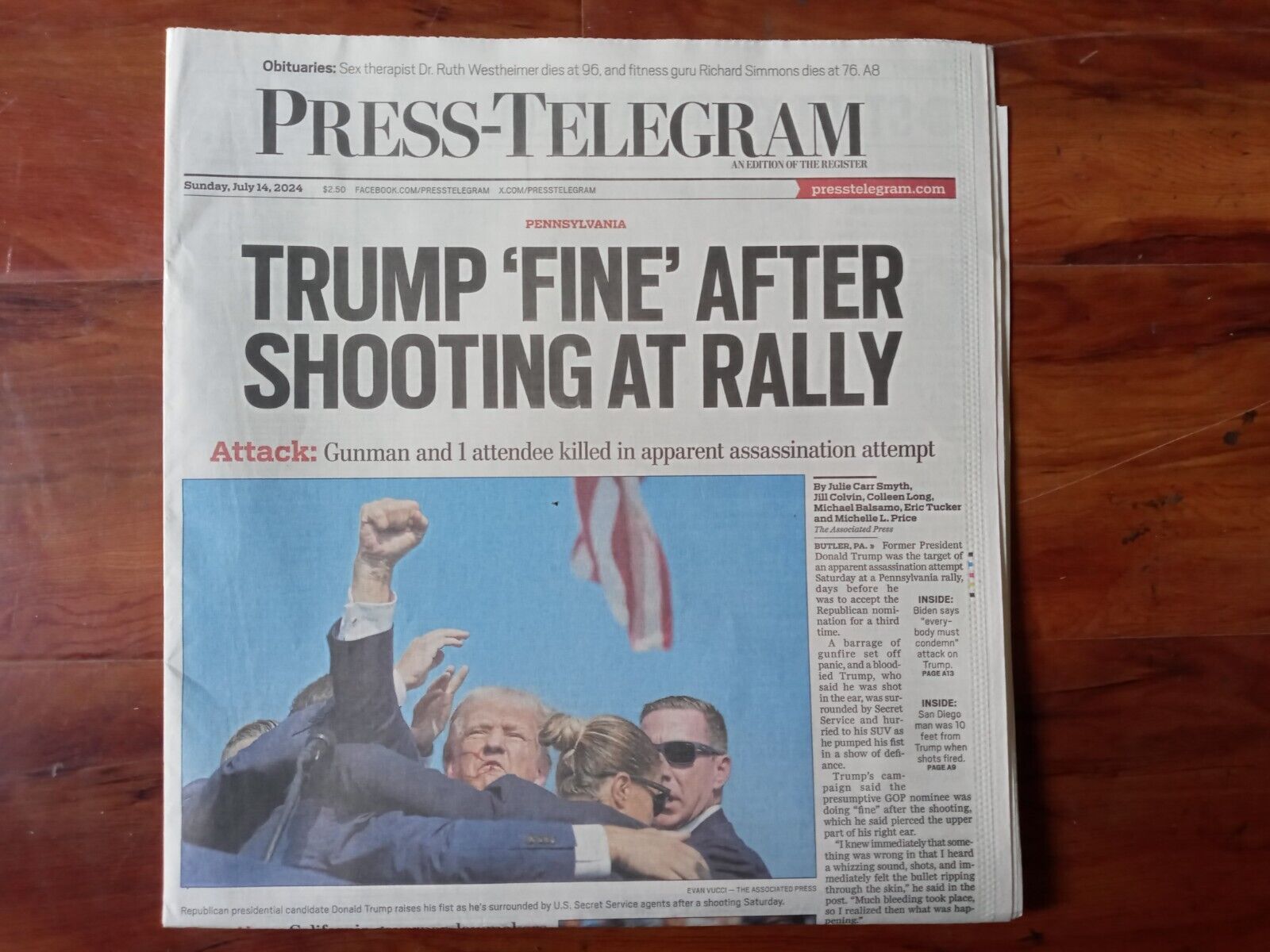 PRESS-TELEGRAM Trump Attempted Assassination 7/14/2024 Newspaper Trump Shot