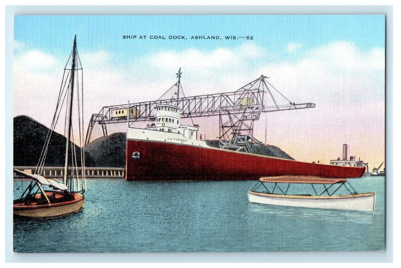 c1940's Ship At Coal Dock J.J Turner Ship Boat Ashland Wisconsin WI Postcard