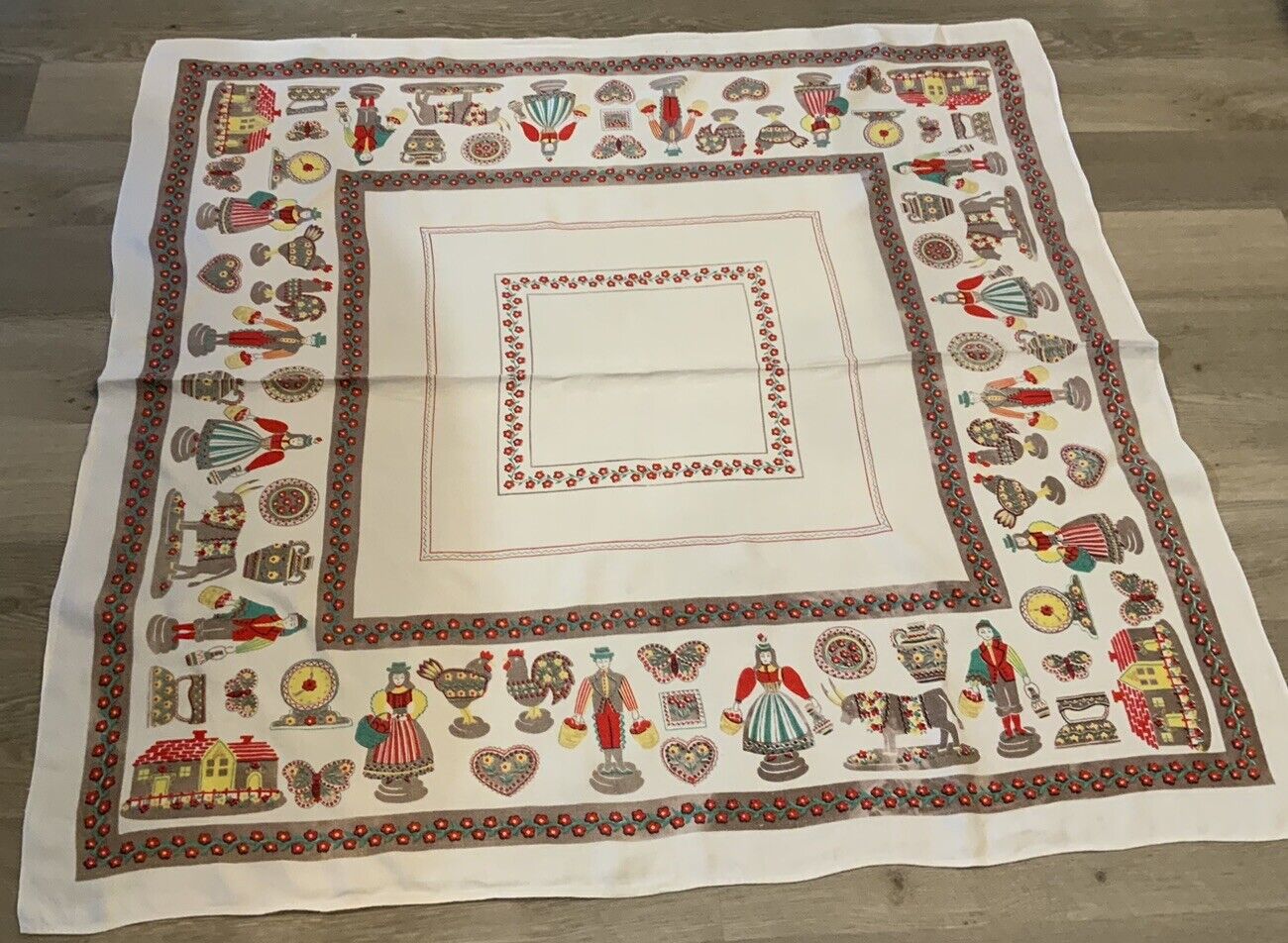 Vintage Square Tablecloth, Linen, Swiss/Austrian Folky Design, Flowers, Hearts