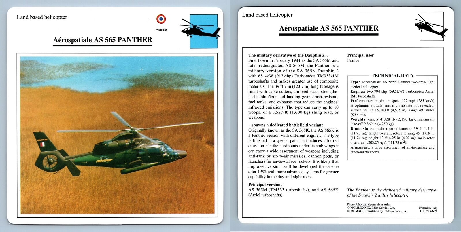 Aerospatiale AS 565 Panther - Land Based - Warplanes Collectors Club Card