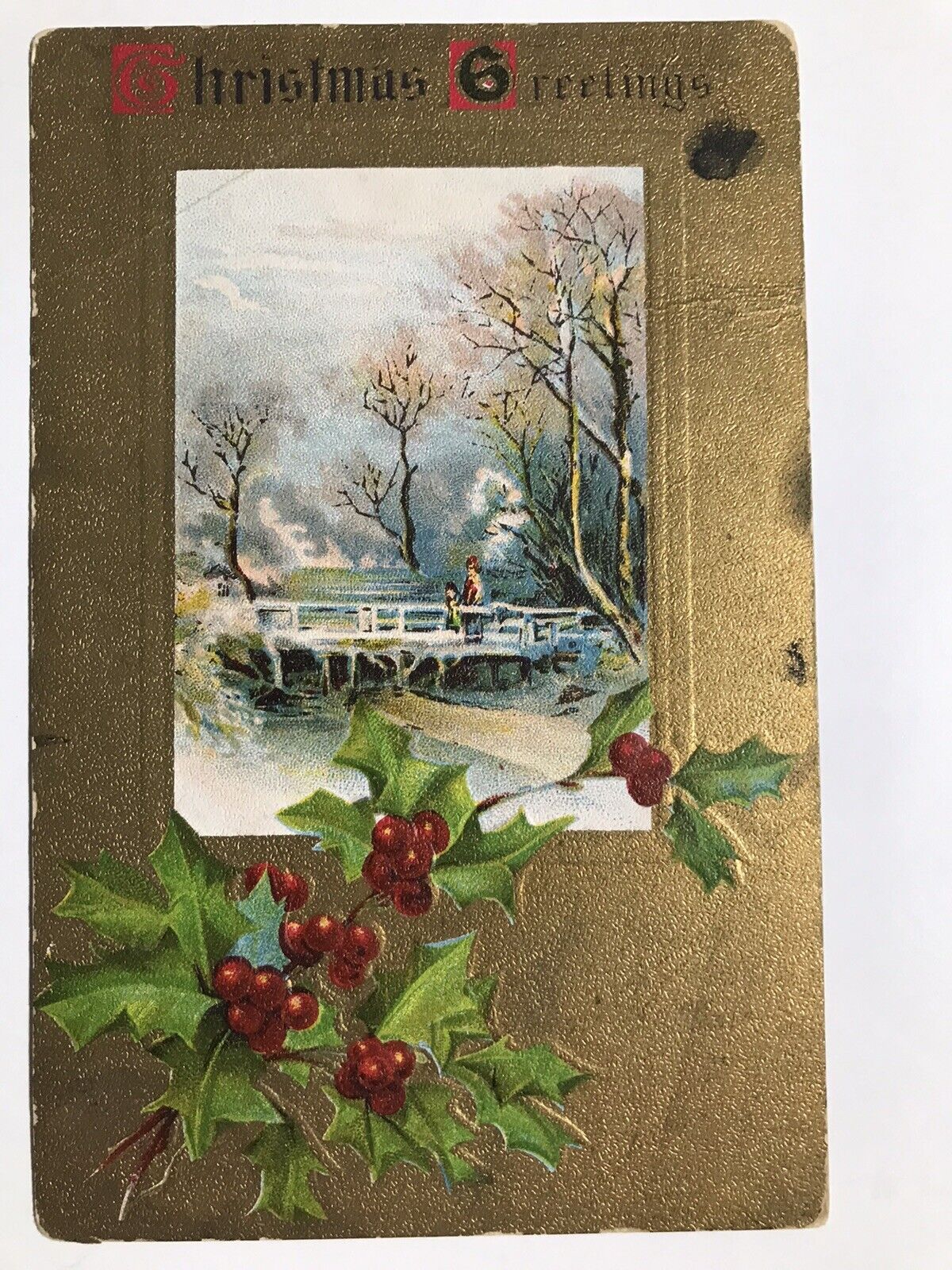 1910 Christmas Greetings Bridge River Trees Divided Back Postcard