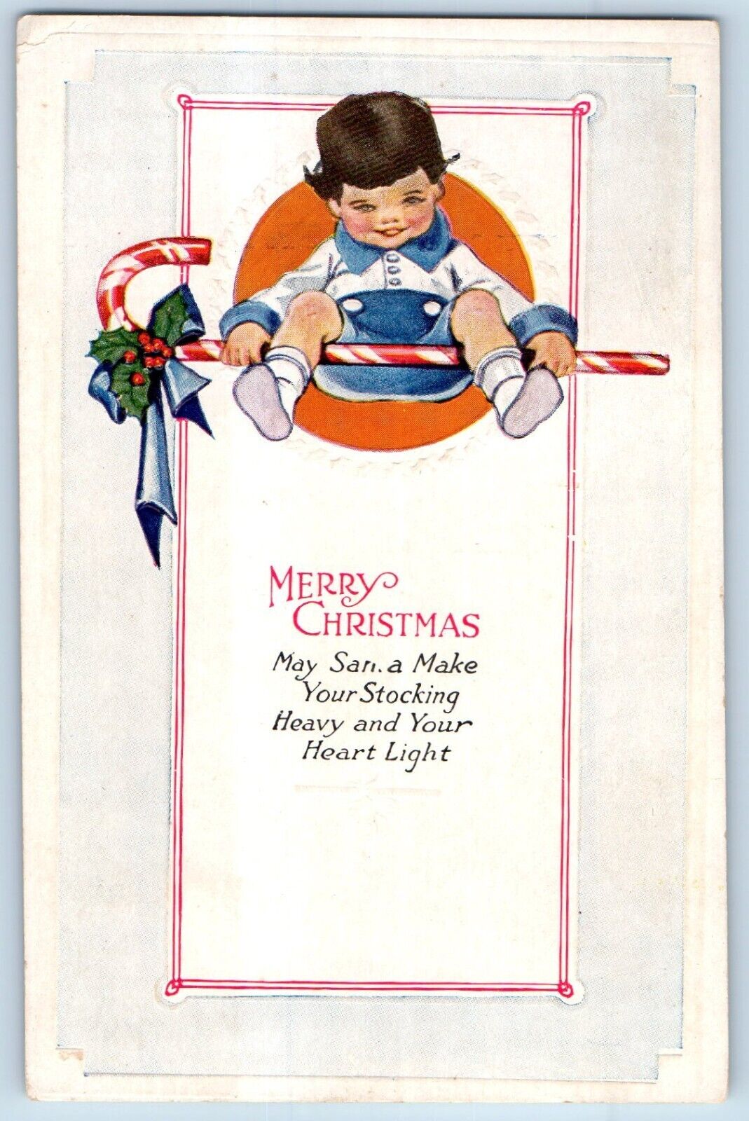 Warsaw Illinois IL Postcard Christmas Little Boy Sat On Candy Cane Embossed
