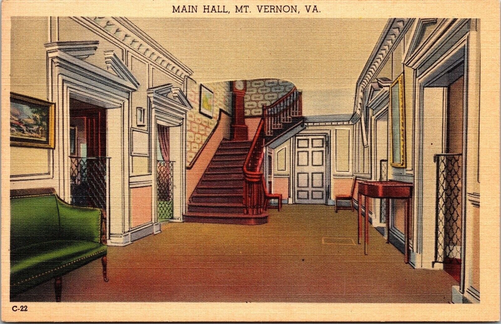 Main Hall Mt Vernon Virginia Va Linen Central Hall Mansion Colonial Postcard