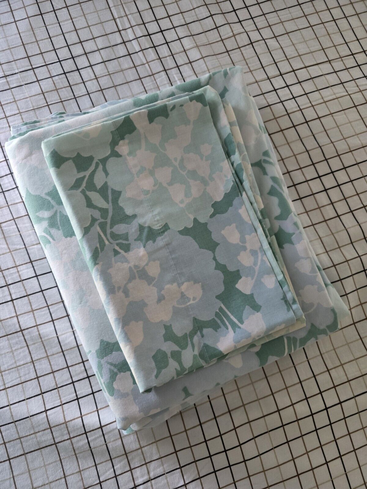 Vintage Twin Sheets Set Stevens Utica, Blue Floral, Flat+Fitted+Pillowcase 1977