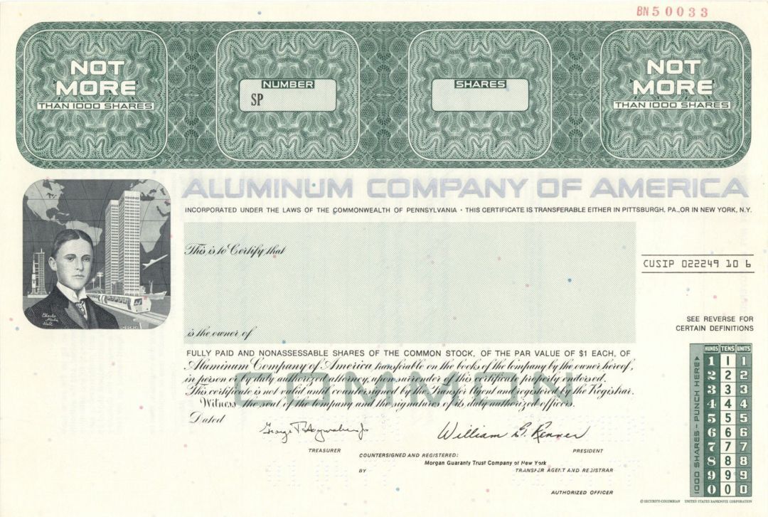 Aluminum Company of America - 1977 Specimen Stock Certificate - Specimen Stocks 