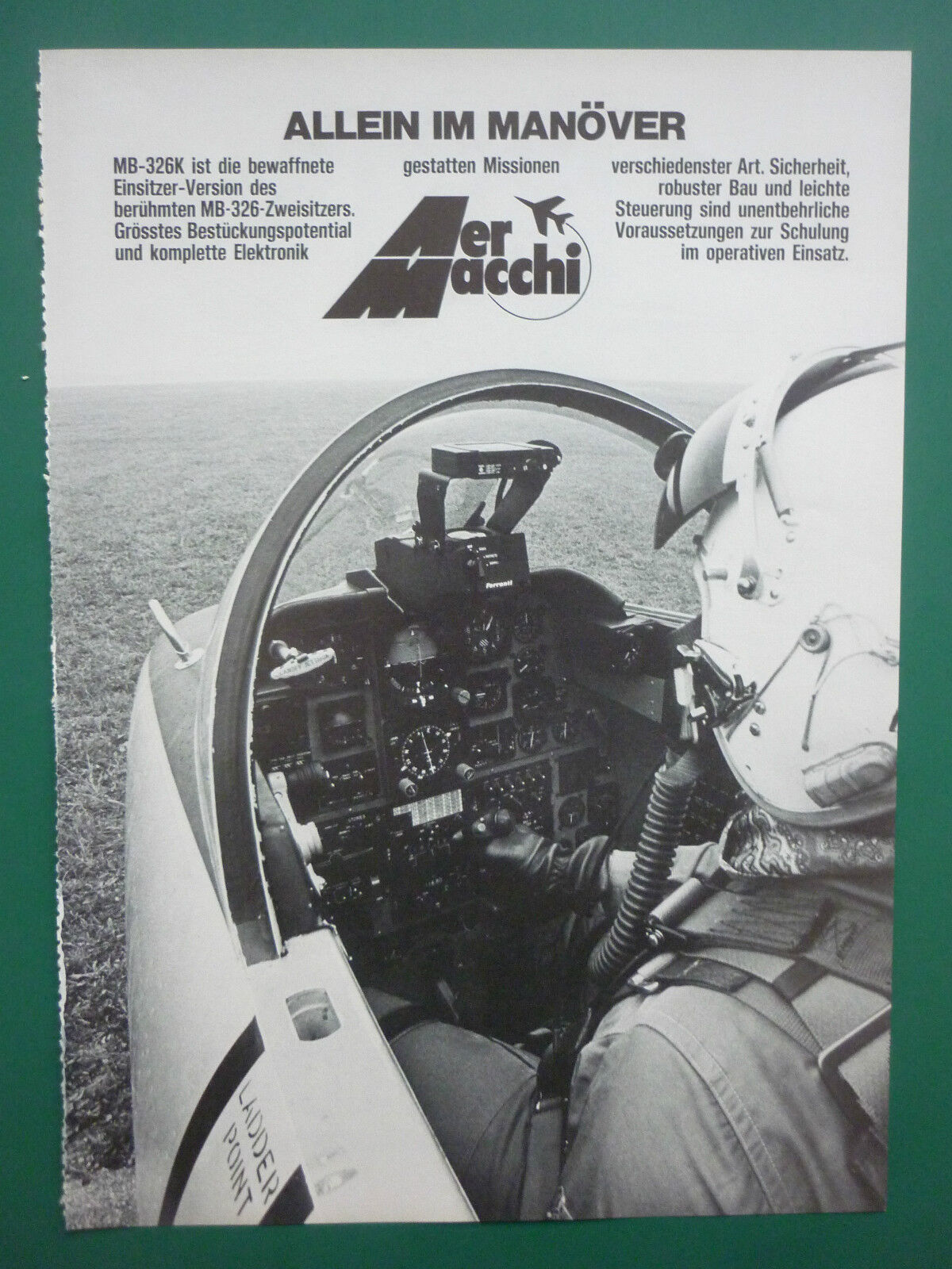 5/1971 PUB AIRPLANE AERMACCHI MB-326K COCKPIT PILOT ARMY ORIGINAL GERMAN AD