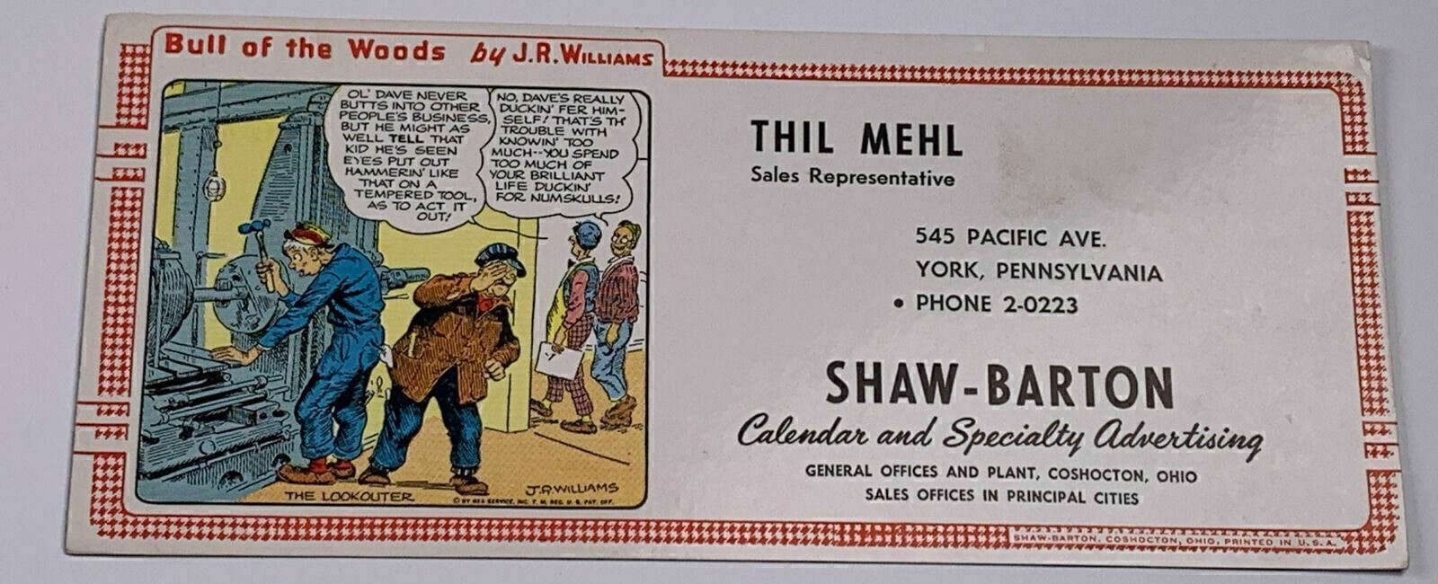 Vintage Inkblotter Shaw-Barton Calendar Specialty Advertising Thil Mehl York PA 