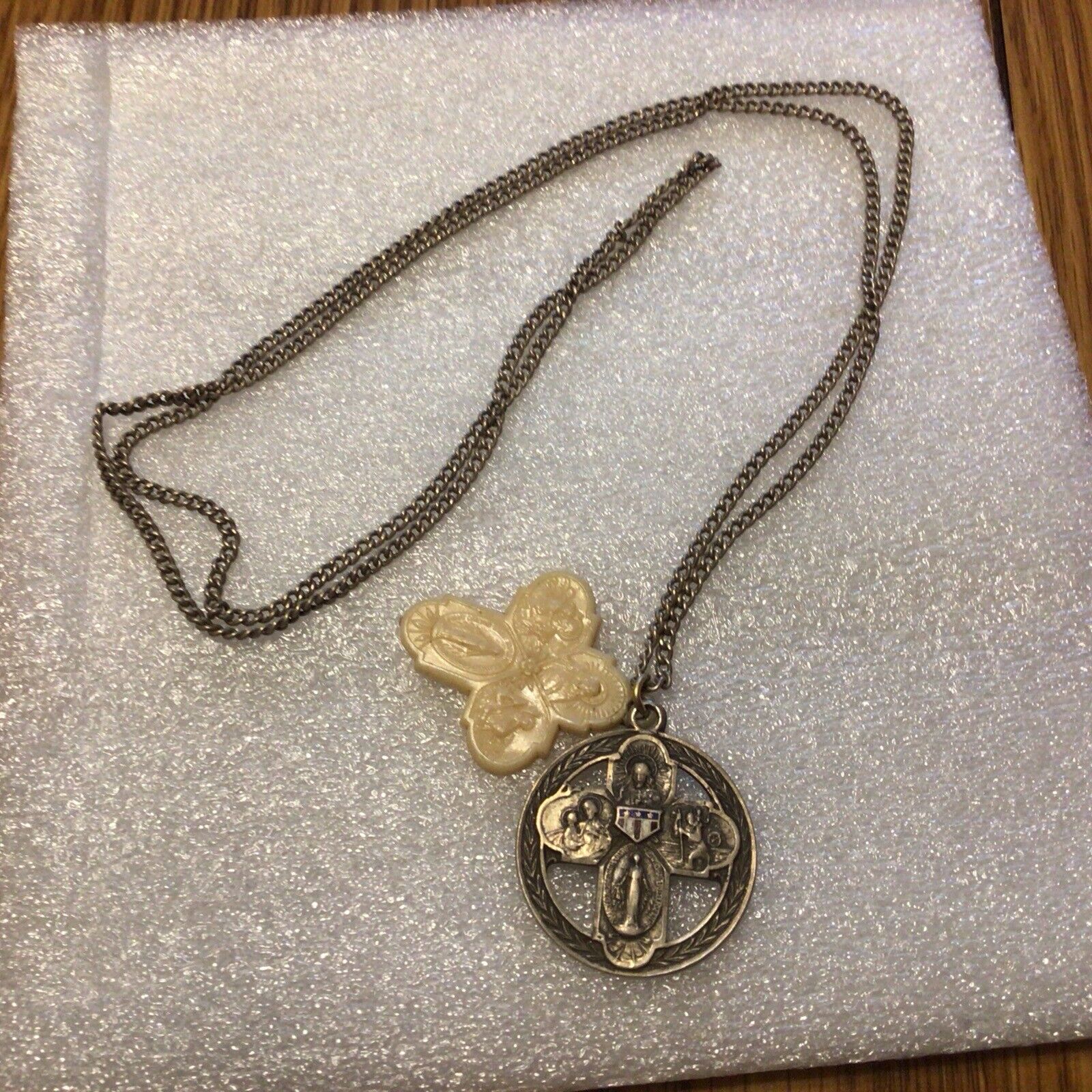 VTG. WWII Catholic Serviceman's Four Way Medal, Sterling Silver W/ Orig. Chain