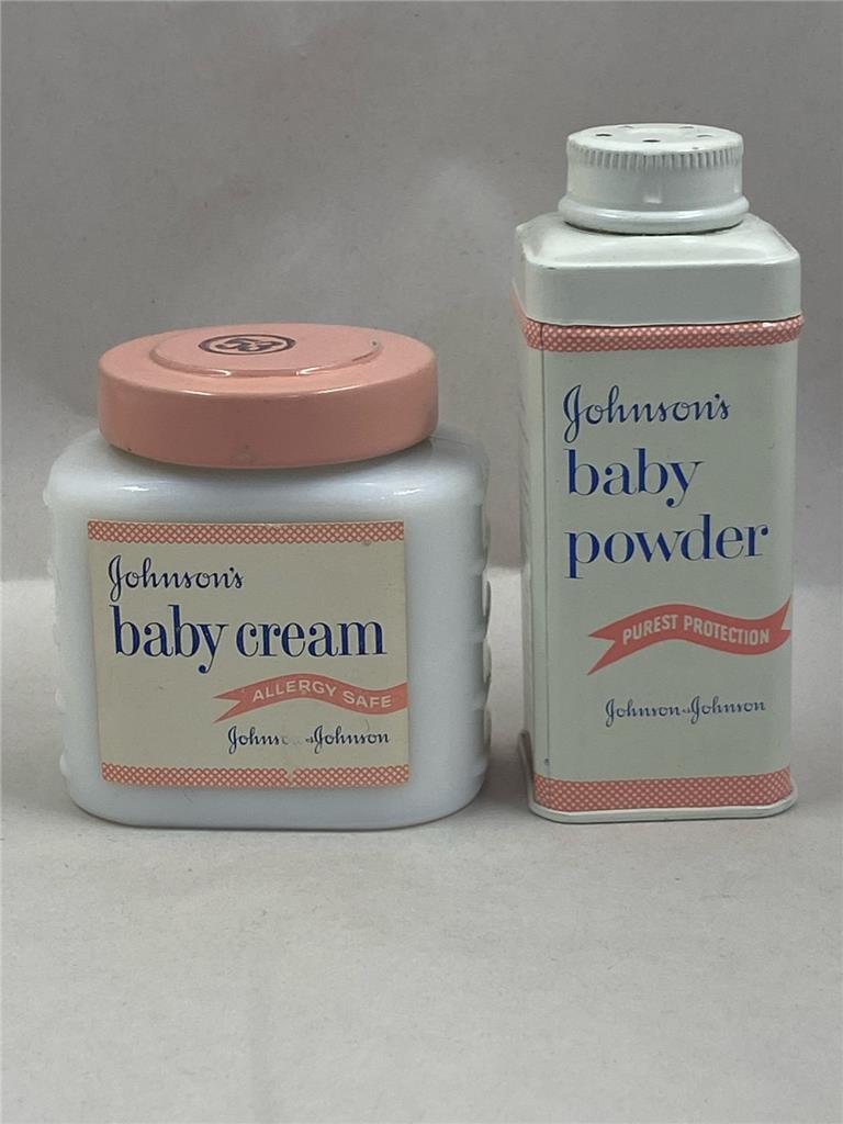Vintage Johnson's Milk Glass Jar Baby Cream Full & Metal Baby Powder Can 1.5 oz