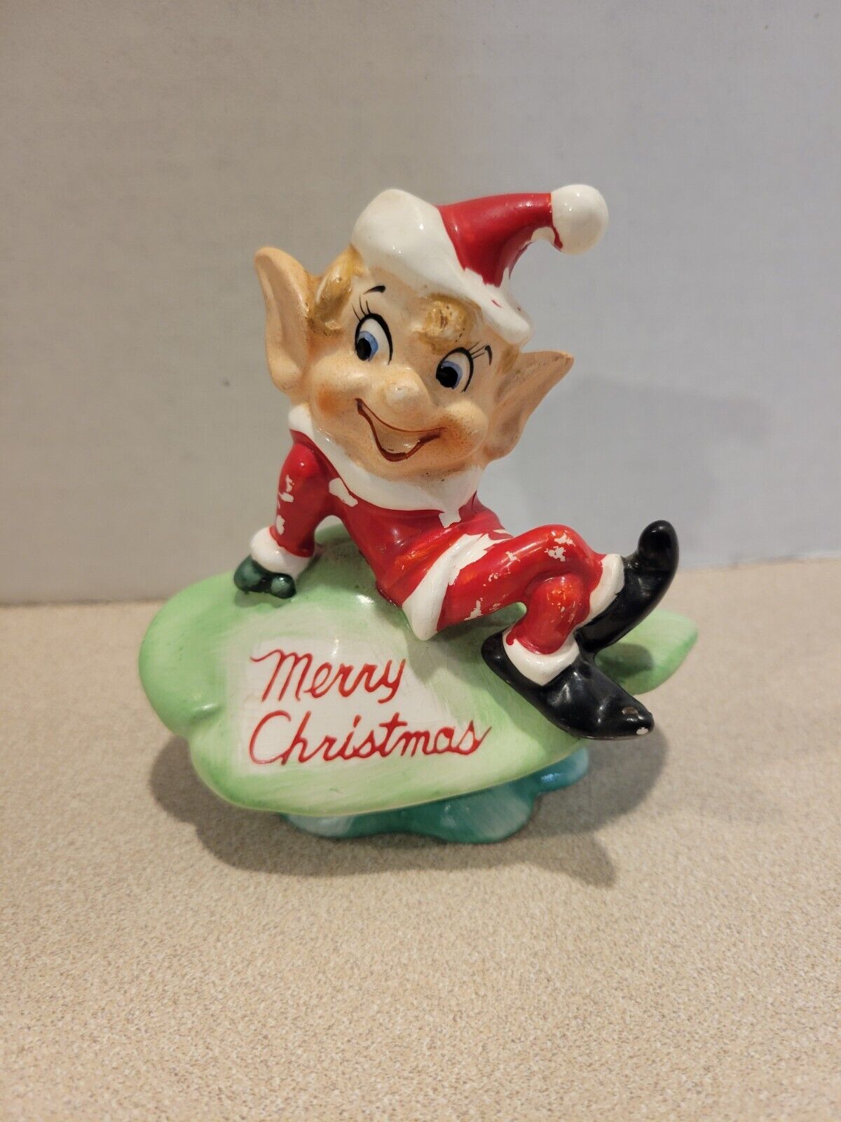 Rare Vintage Kreiss Merry Christmas Pixie On Mushroom