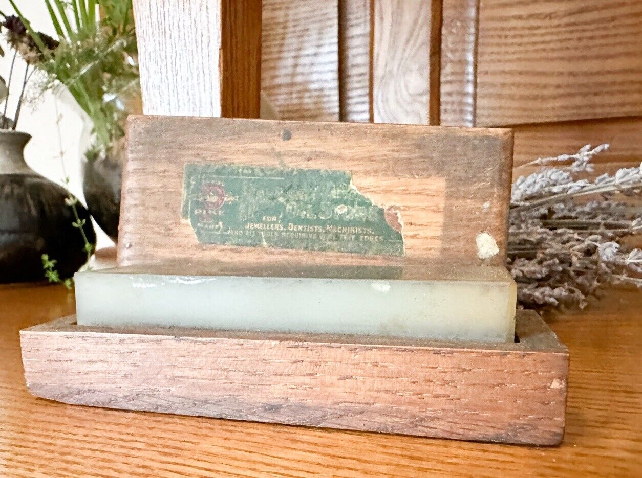 Vintage Hard Arkansas Oilstone Translucent, W/Wood Approx 5x2 Box, Jewelers