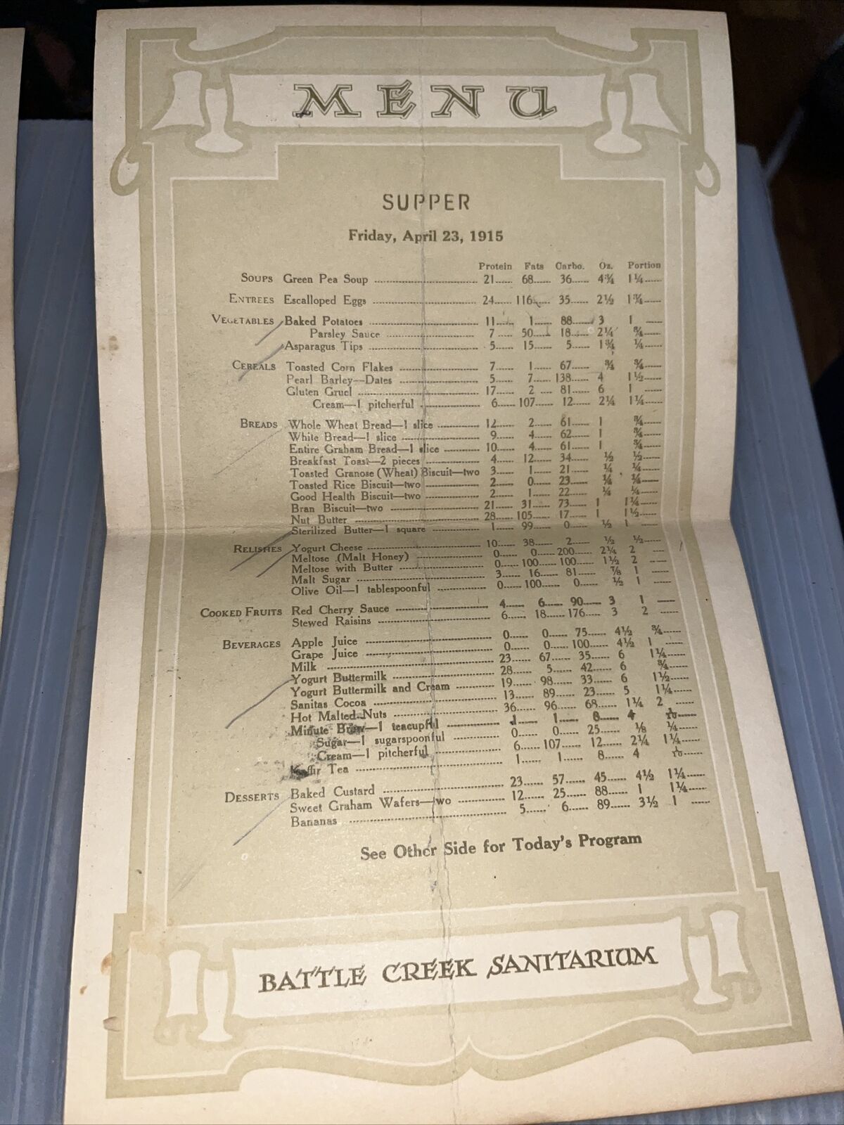 1915 Menu & Program for Battle Creek Sanitarium: Seventh Day Adventist Michigan