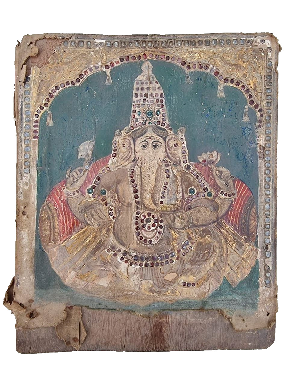 Old Vintage God Ganesh Rare Gold & Glass Fitted Work Cloth Painting Wooden Frame