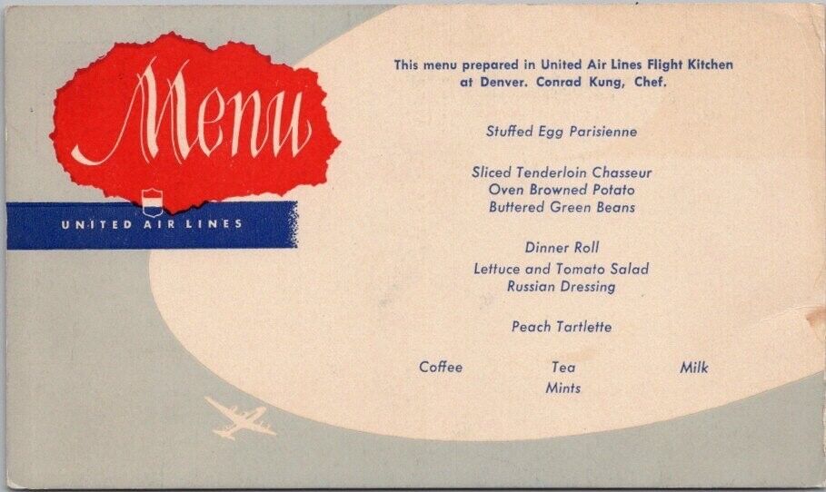 Vintage 1950s UNITED AIR LINES Breakfast Menu Postcard Denver / Chef Conrad Kung