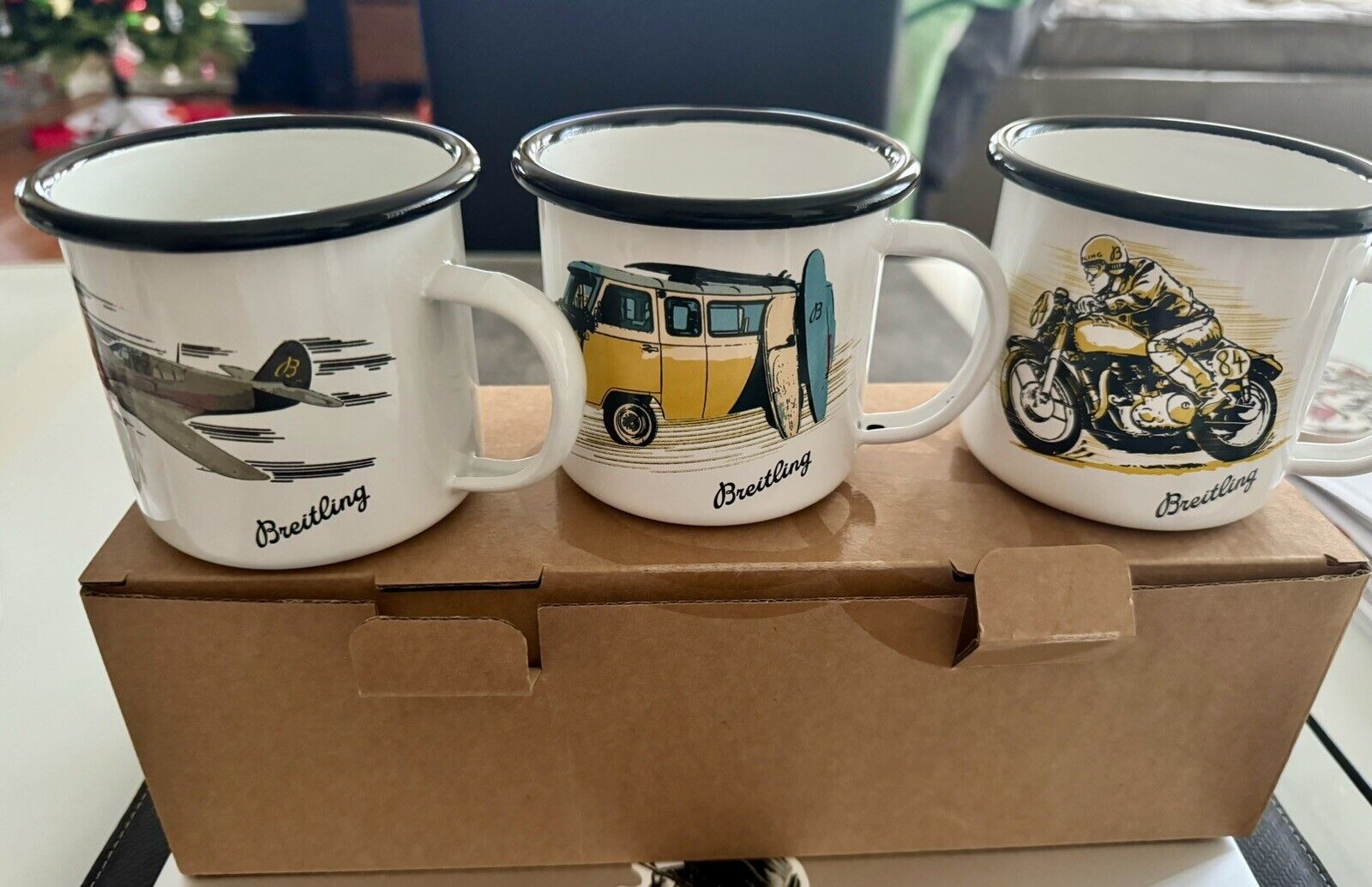 Breitling Novelty Airplane Bicycle And Car Enamel Mugs Set Of 3 With Box