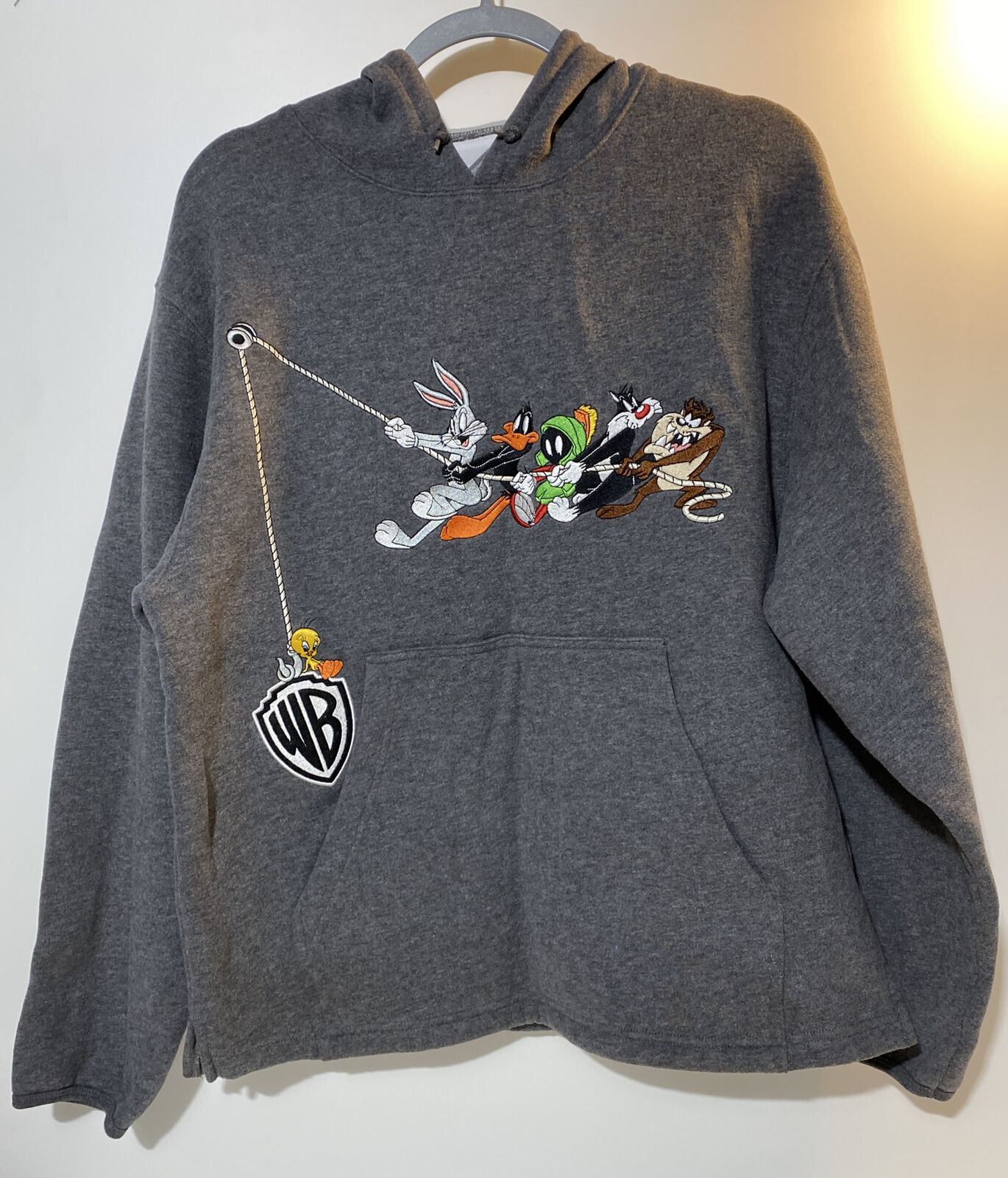 Vintage 1990s WB Looney Tunes Hooded Pullover Women’s Sz SMALL Gray Embroidered