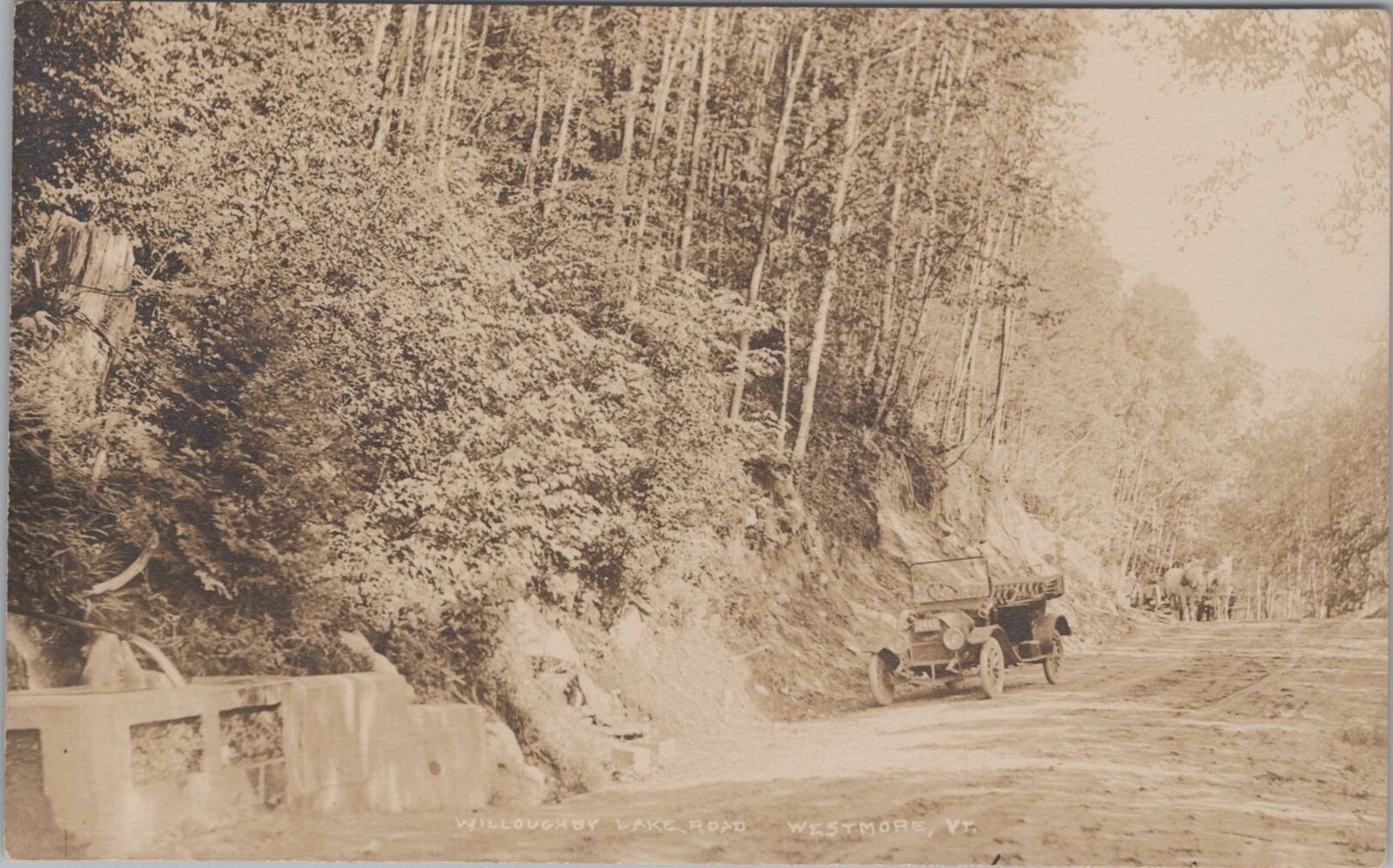 Old Car Horse Cart on Willoughby Lake Road Westmore Vermont RPPC 1917Postcard